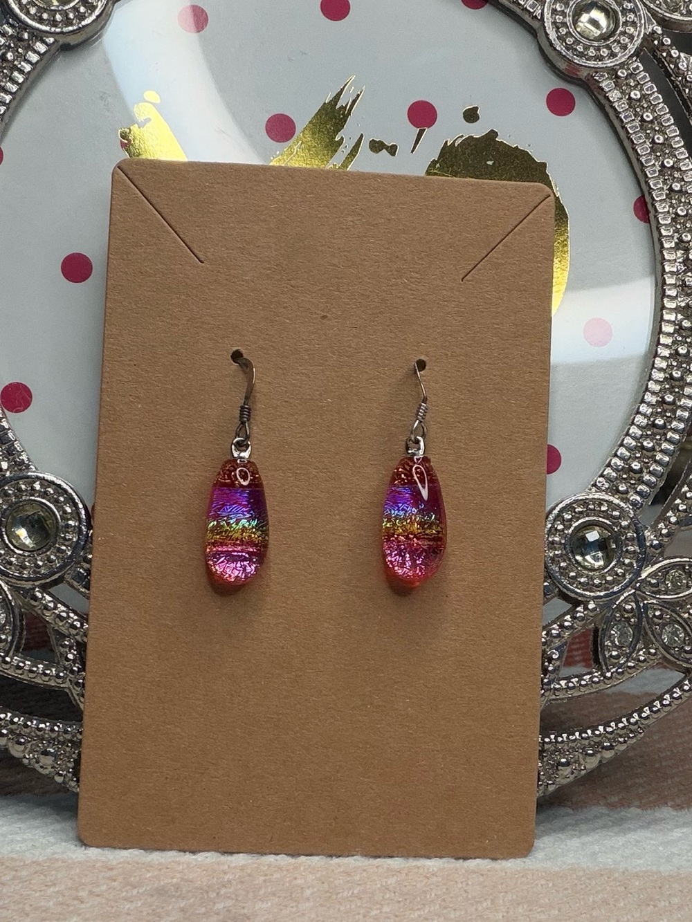 Artisan Magenta Pink Gold Foil Lampwork Art Glass Drop Earrings Murano Style